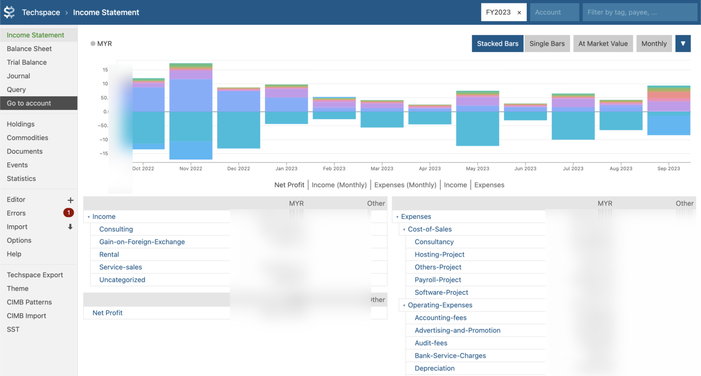 Fava Income Statement — real data, numbers blurred